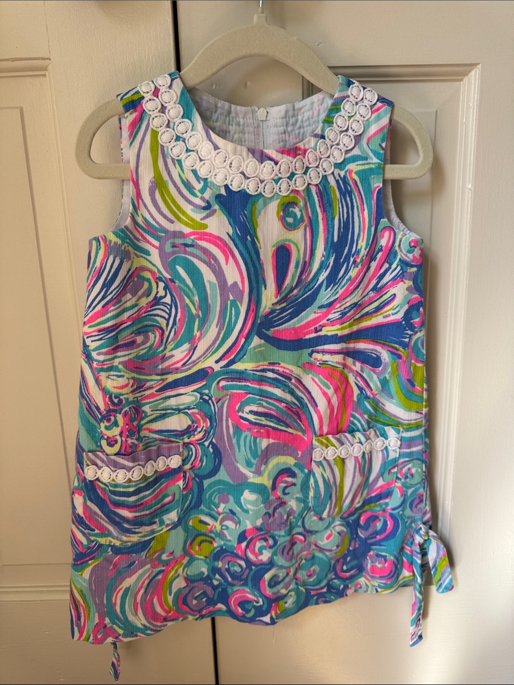 Lilly Pulitzer Girls Sleeveless Swirl Print Dress with Decorative Trim